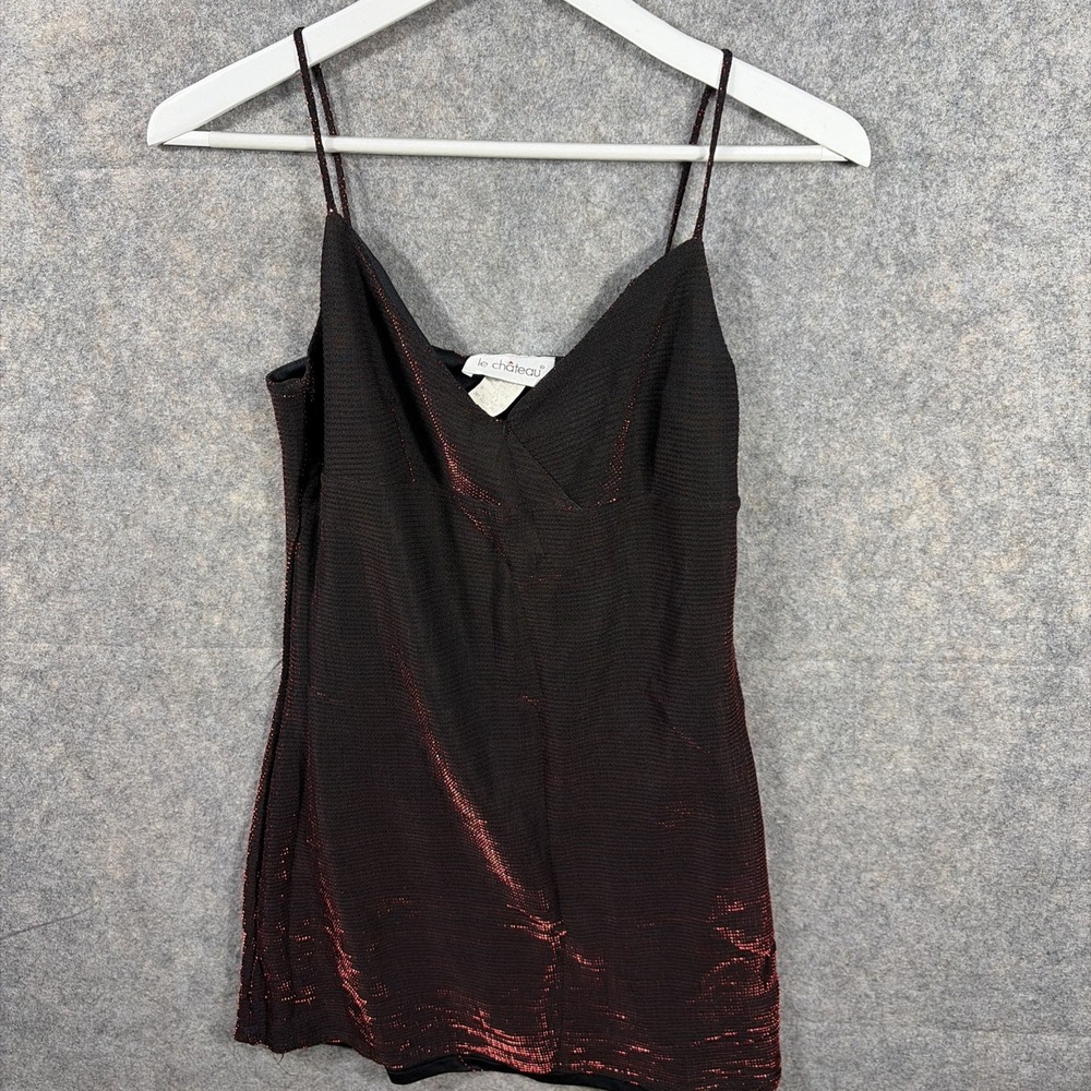 LE CHATEAU WOMENS Sz Large DRESS Skinny STRAPS STRETCH Red / Black SHIMMER